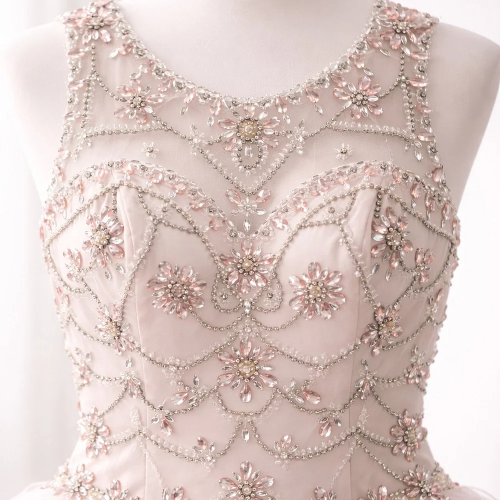 Blush Pink Ball Gown Quinceañera Prom Dress Rhinestone Corset Ruffle Tulle L/XL - Picture 3 of 14